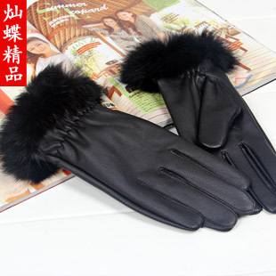 Rabbit women's leather gloves belt lining thickening super plus velvet thermal gloves