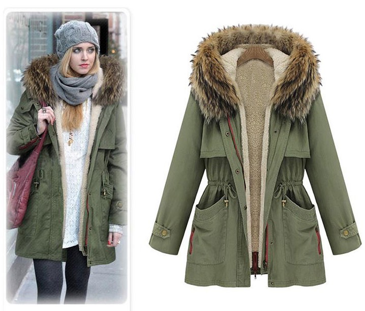 Raccoon collars. Cotton-padded clothes cotton-padded jacket military green. Coat coat cotton-padded jacket