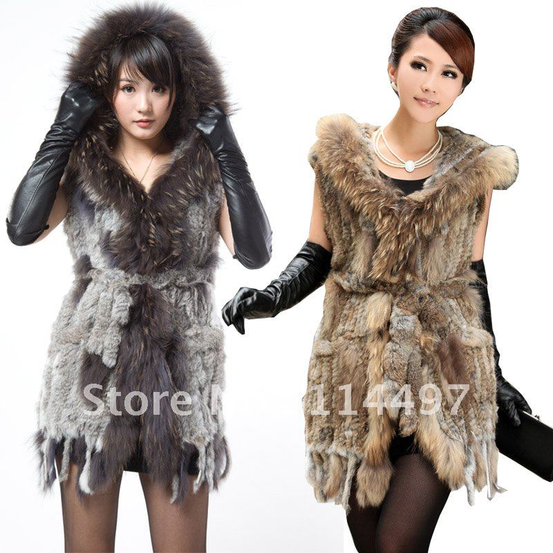 Raccoon fur rabbit fur knitted long design vest tassel hooded fur vest