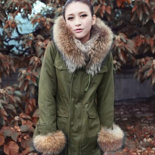 Raccoon fur wadded jacket cotton-padded jacket Army Green medium-long cotton overcoat thickening outerwear winter female fur