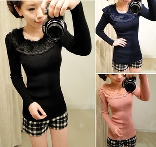 Radish small mouse winter lace decoration rabbit fur slim all-match sweater women's free shipping