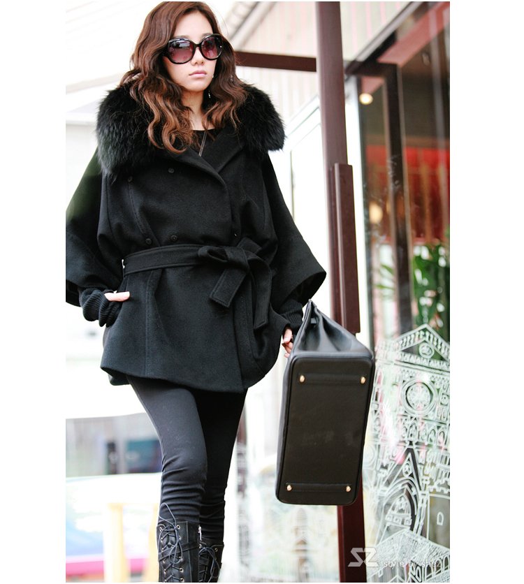 Real Fox Fur Collar Women's Long Black Coat Fur Jacket Wool Clothes Plus Size wholesale