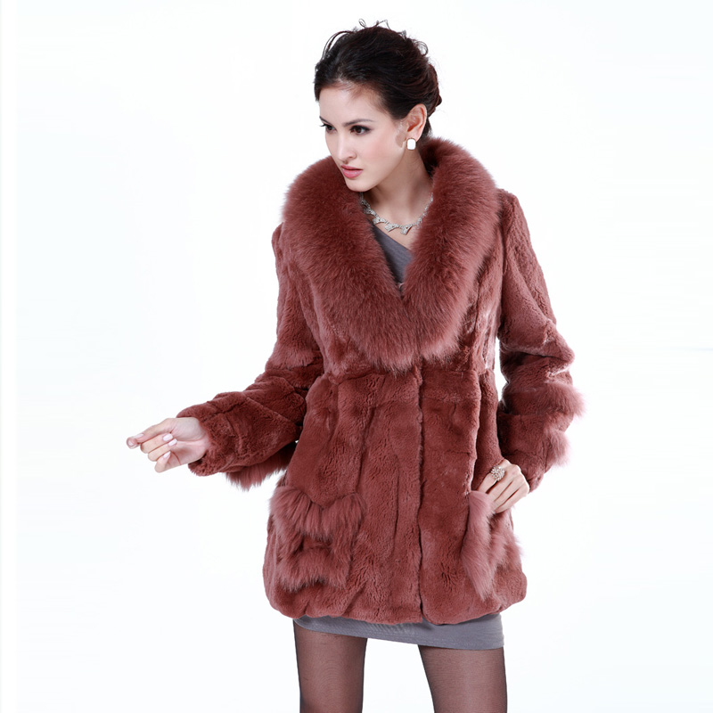 Real fur coat rabbit Women's 2012 rex rabbit full leather fur overcoat fox fur medium-long free shipping good quality