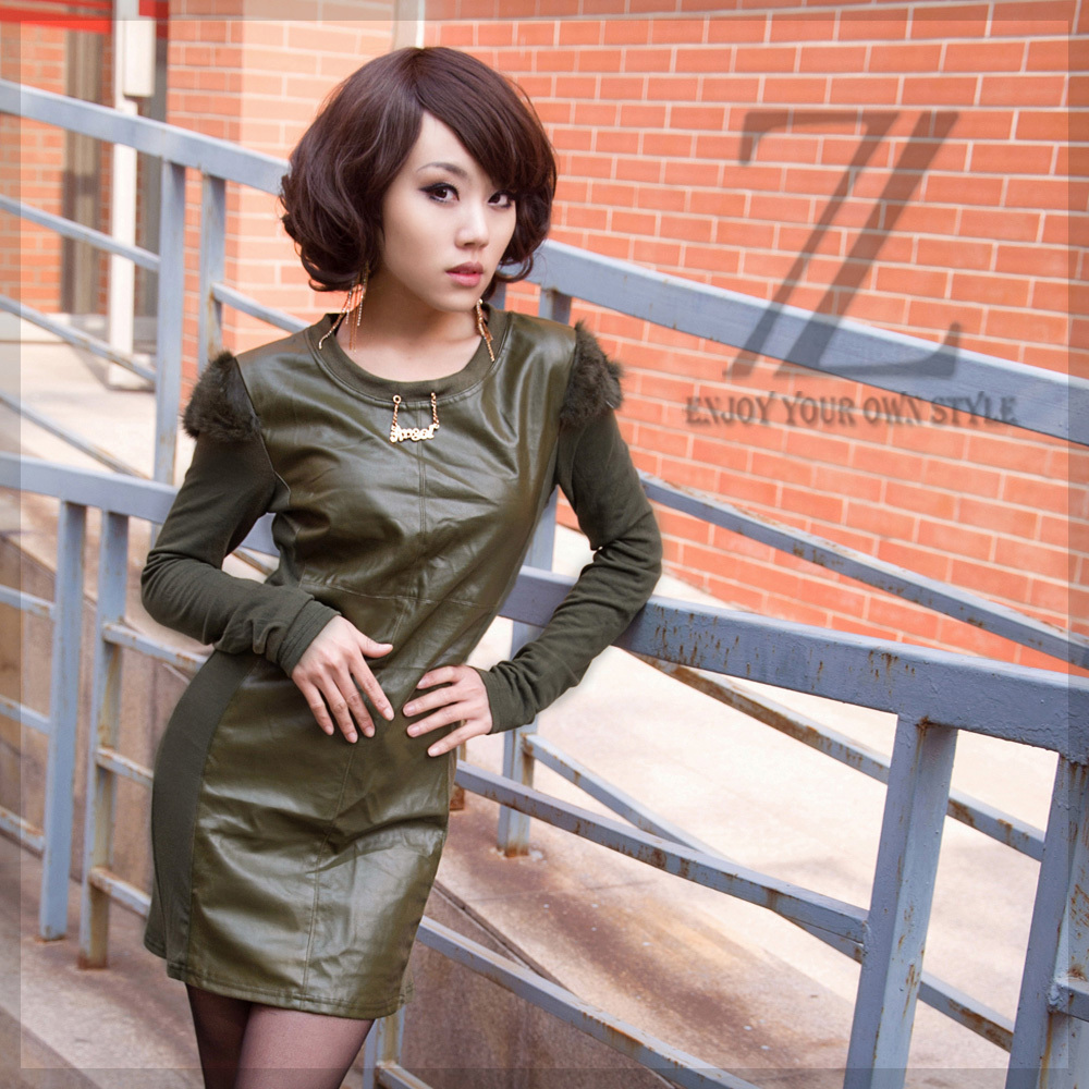 Real fur rabbit fur decoration long-sleeve patchwork slim one-piece dress women's leather skirt Army Green