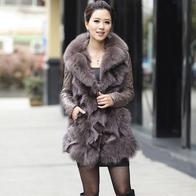 Real Genuine Sheep Leather Coat Jacket With Fox Fur Collar Long Warm Style Women's Winter Outwear Fashion Design Free Shipping