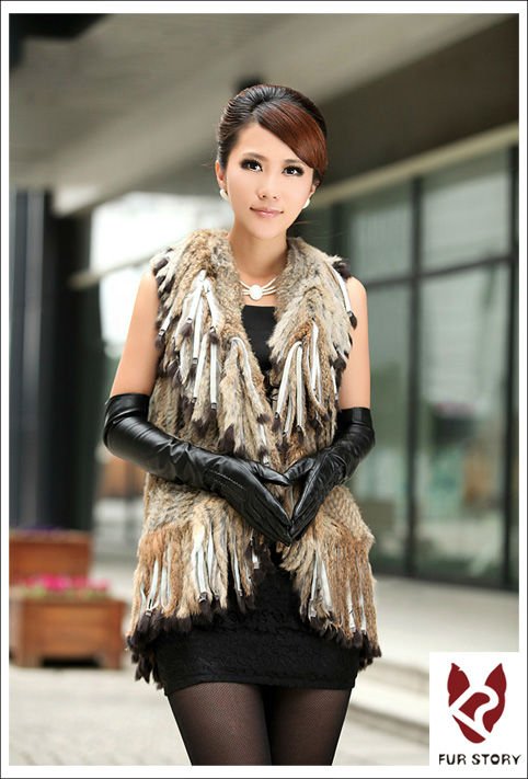 Real knitted Rabbit fur vest gilet garment waistcoat long tassels 2 colors magazine recommend