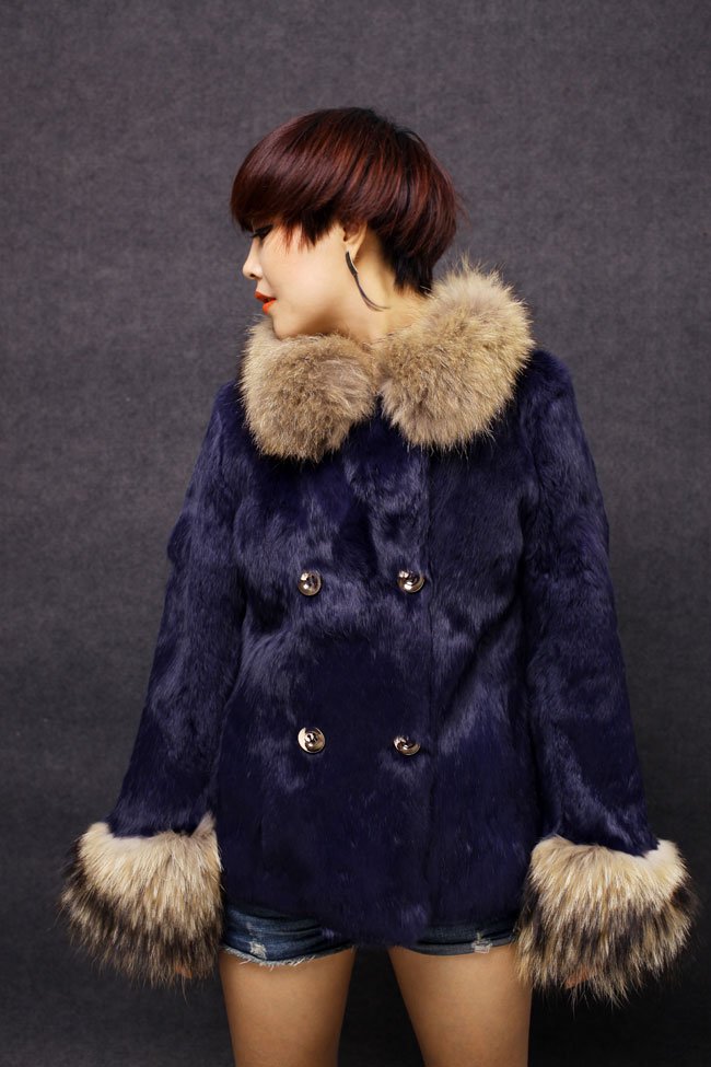 Real Knitting Rabbit Fur Outcoat With Raccoon Mink Fur Collar and Cuffs,Warm garment Free Shipping