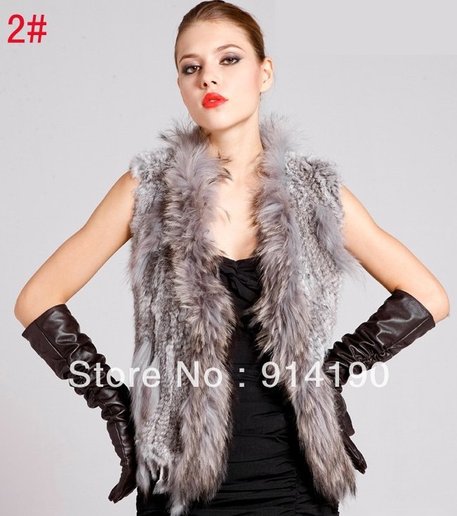 Real Knitting Rabbit Fur Waistcoat/Gilet/Vest With Raccoon Dog Fur Trimming Tassels Warm garment Free Shipping