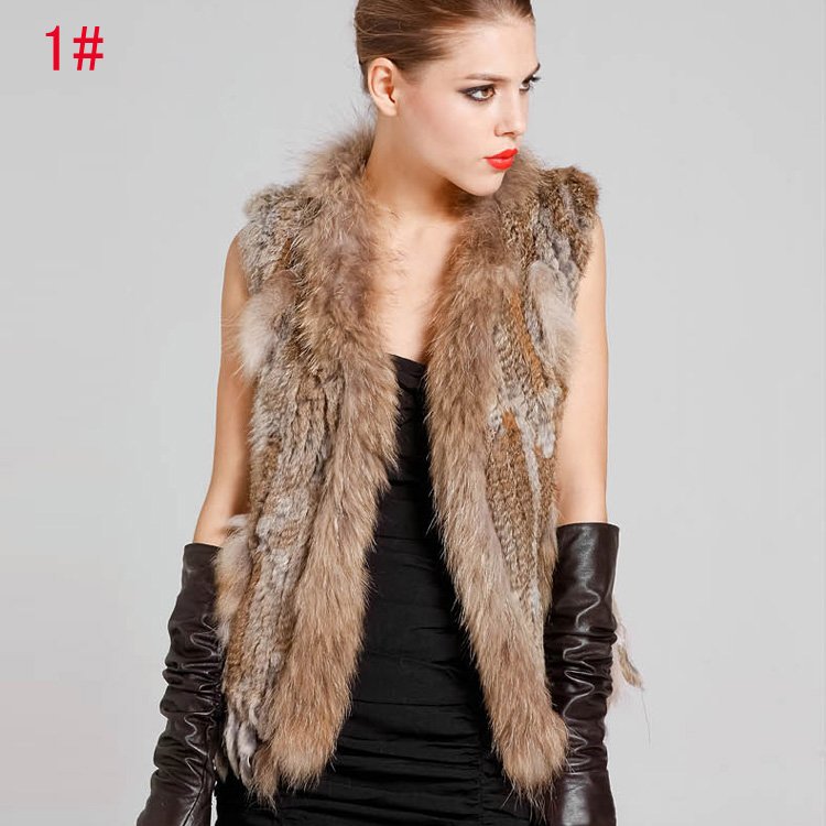 Real Knitting Rabbit Fur Waistcoat/Gilet/Vest With Raccoon Dog Fur Trimming Tassels Warm Garment Free Shipping QD0624  A G G