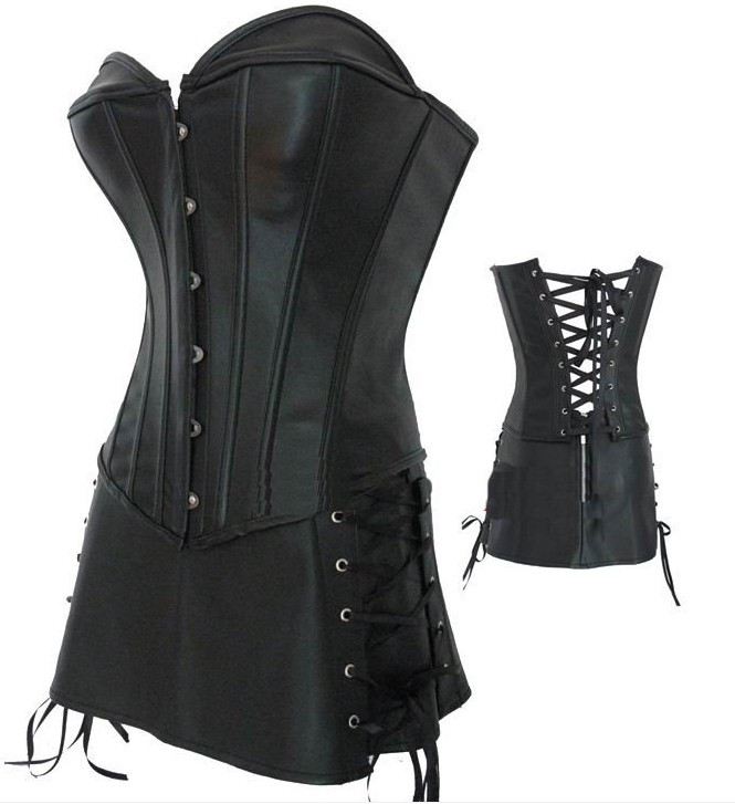 Real leather corset , leather shaper , three piece set skirt ribbon steel buttons 28