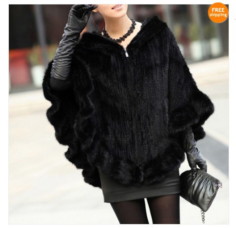 Real Mink Fur Knit Shawl With Hoody Ladies Poncho Winter Women's