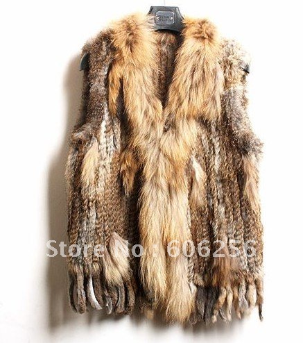 Real rabbit fur vest with raccoondog fur collar knit gilet coat vest 6 colors top quality