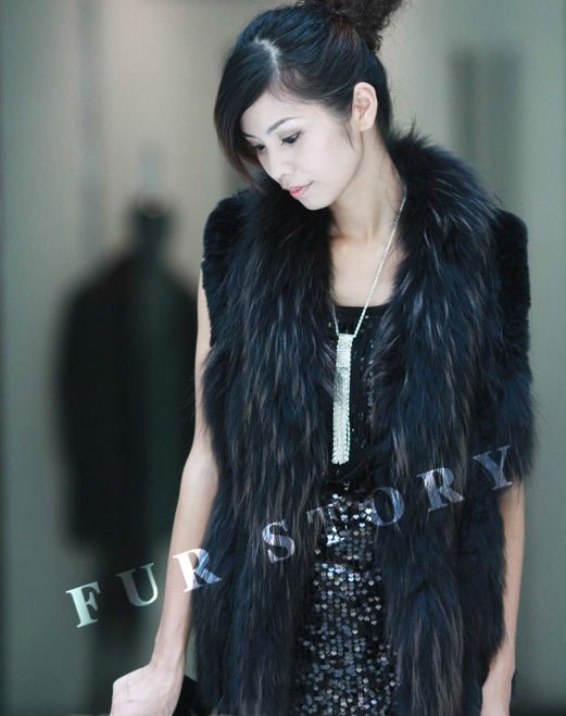 Real rabbit fur vest with raccoondog fur collar knit gilet coat vest Black