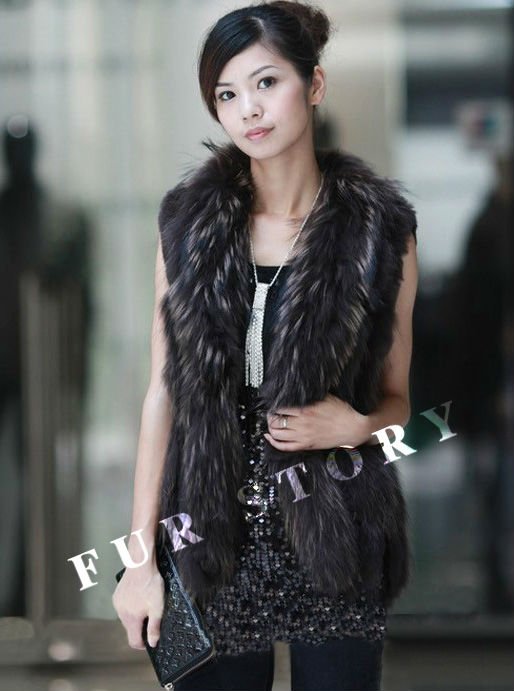 Real rabbit fur vest with raccoondog fur collar knit gilet coat vest  Brown