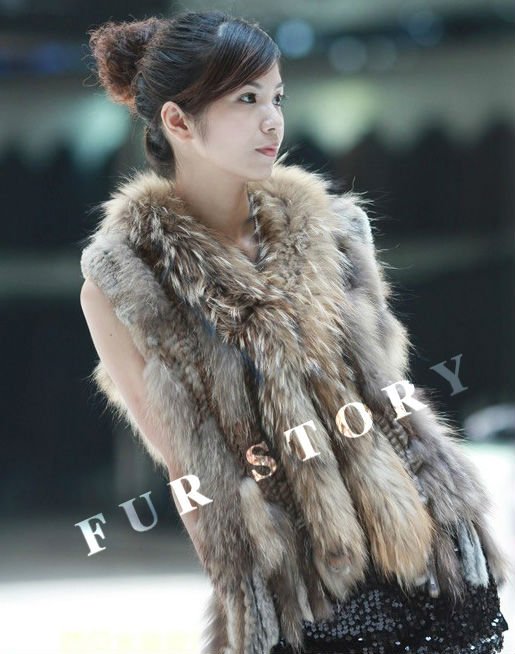 Real rabbit fur vest with raccoondog fur collar knit gilet coat vest Nature color grass yellow