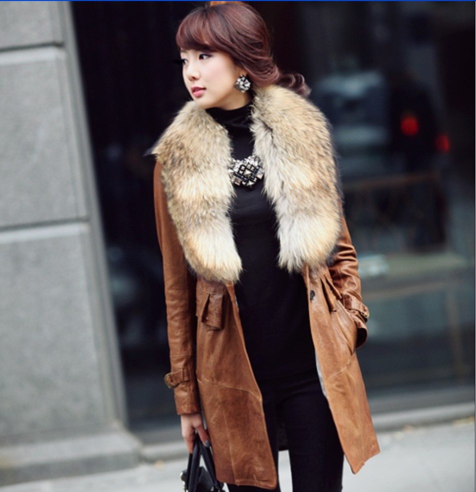 Real raccoon fur collar women fur coat long slim detachable  female jacket winter new water washed PU leather jackets TB011