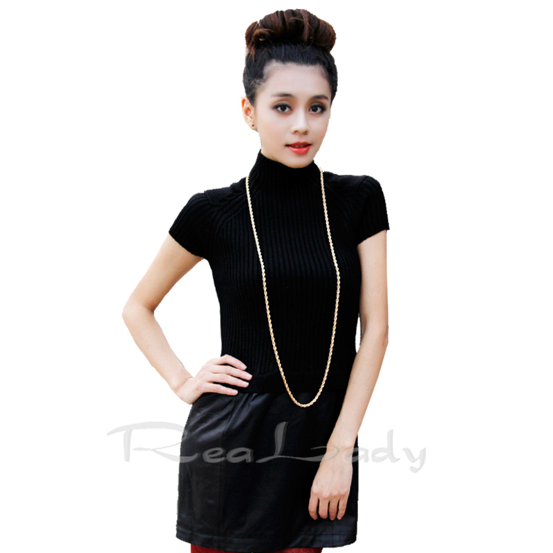 Realady2012 turtleneck wool knitted short-sleeve water washed leather PU patchwork fashion dress 591 Strapless