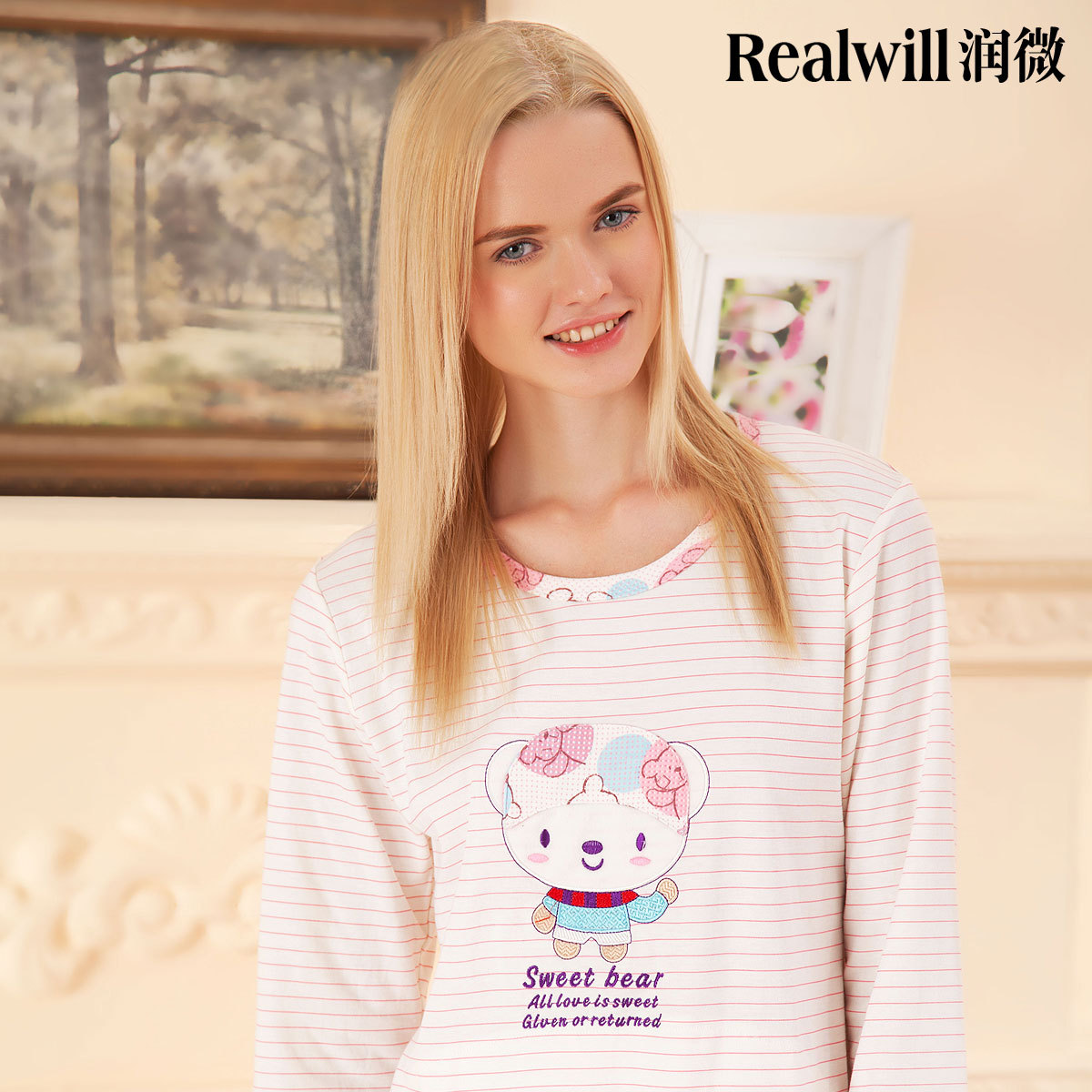 Realwill honey bear cartoon long-sleeve cotton sleepwear lounge autumn set