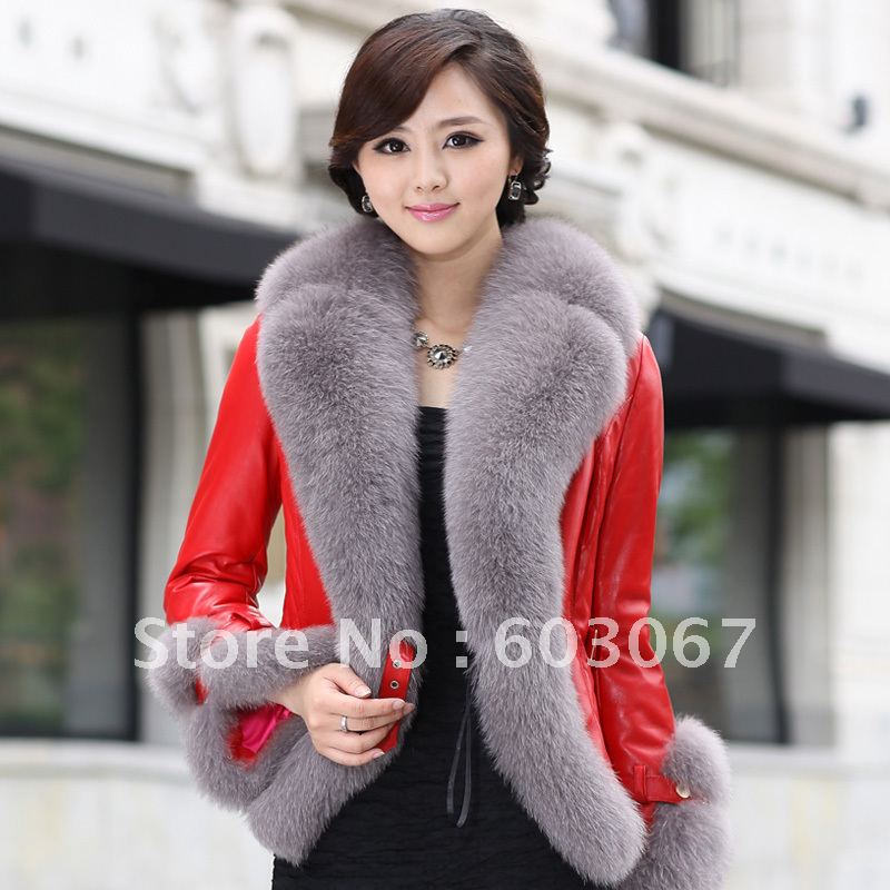 Red 2012 genuine leather clothing female short design genuine leather sheepskin fox fur outerwear 1082