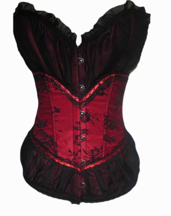 Red and black lace overlay lace up boned corset busiter  top clubwear S-2XL