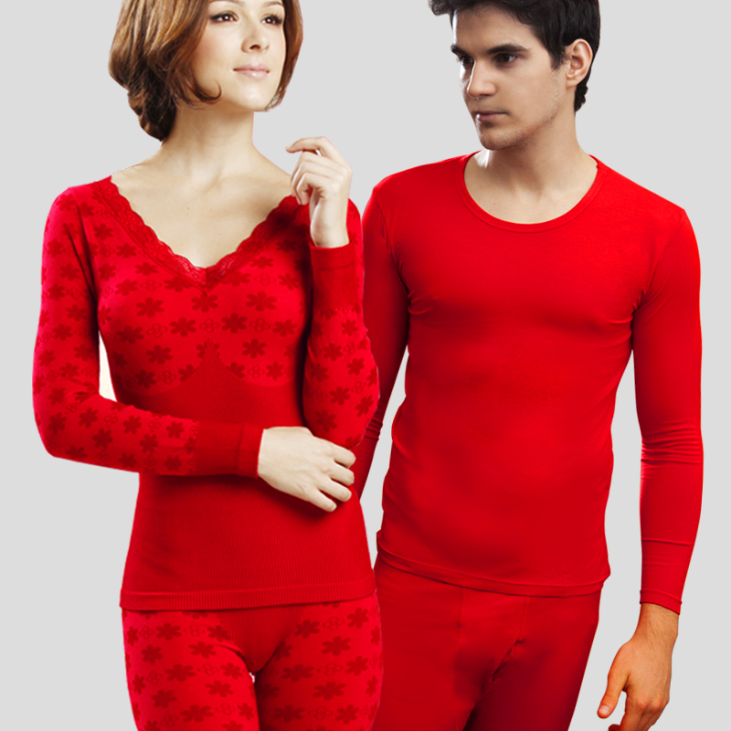 Red big o-neck slim lovers cotton sweater thermal underwear set long johns long johns set