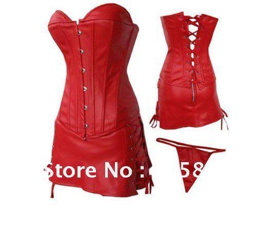 red black Top Quality faux leather corset shaper + skirt + G-string New women leather costume sexy lingeries leather  QK28