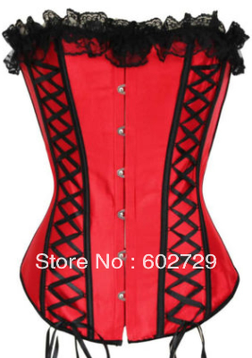 Red boned satin lace up corset bustier showgirl lingerie factory supplier S-2XL