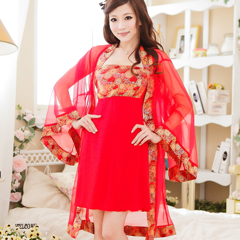 Red bride sleepwear classical elegant noble sexy robe married nightgown set