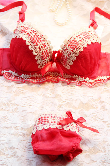 Red chiffon embroidery bra noble deep V-neck sexy push up underwear bra set