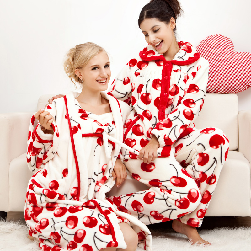 Red coral fleece sleepwear christmas lounge female thickening set at home service robe bathrobes autumn and winter