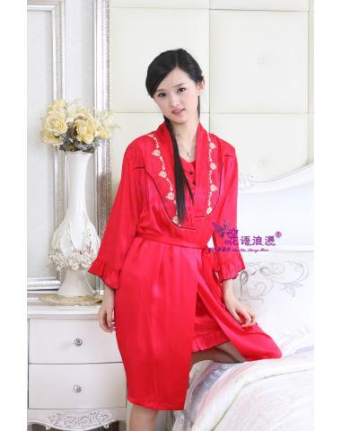 Red d112-2 florid romantic silk sleepwear noble robe