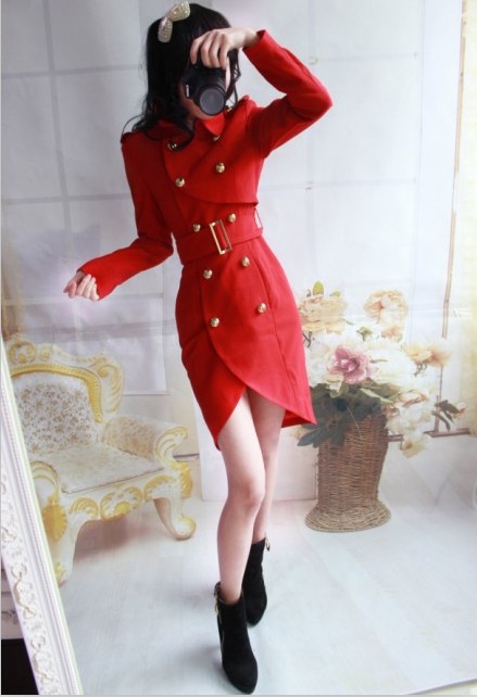 Red double breasted slim tight long-sleeve trench