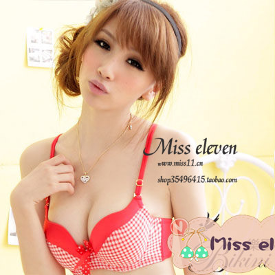 Red fashion small plaid push up underwear set bra set