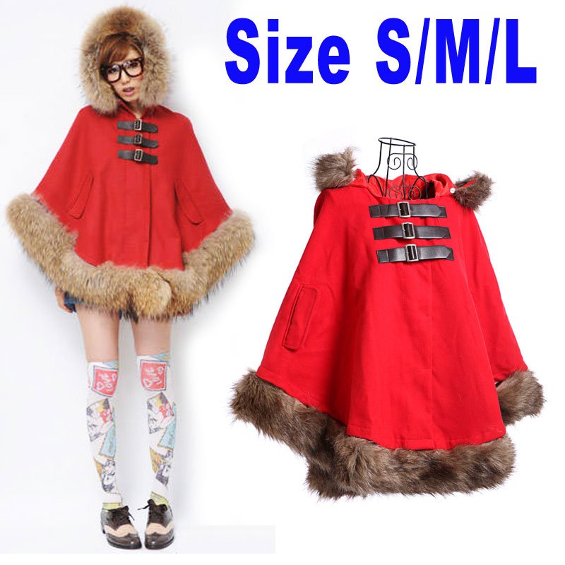 Red Fashion Women's Winter Warm Cloak Faux Fur Trench Coat Hoodie Batwing Cape Shawl Parka Jacket  Free Shipping  Dropshipping