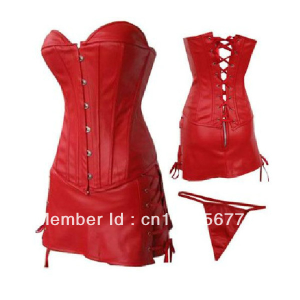 Red Faux Leather Corset Bustier Skirt Mini Dress G-string SEXY GOTH PUNK  S-2XL freeshipping,whoelsal