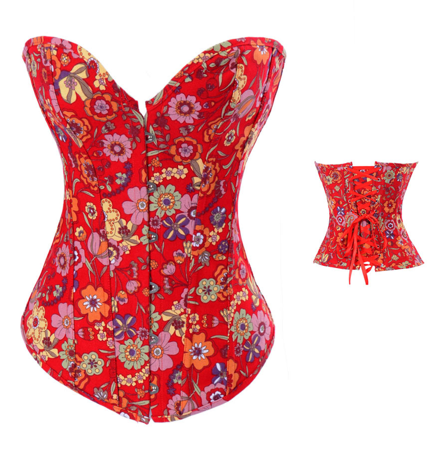 Red floral  jeans basque corset busiter lace up boned  clubwear bodyshaper S -2XL