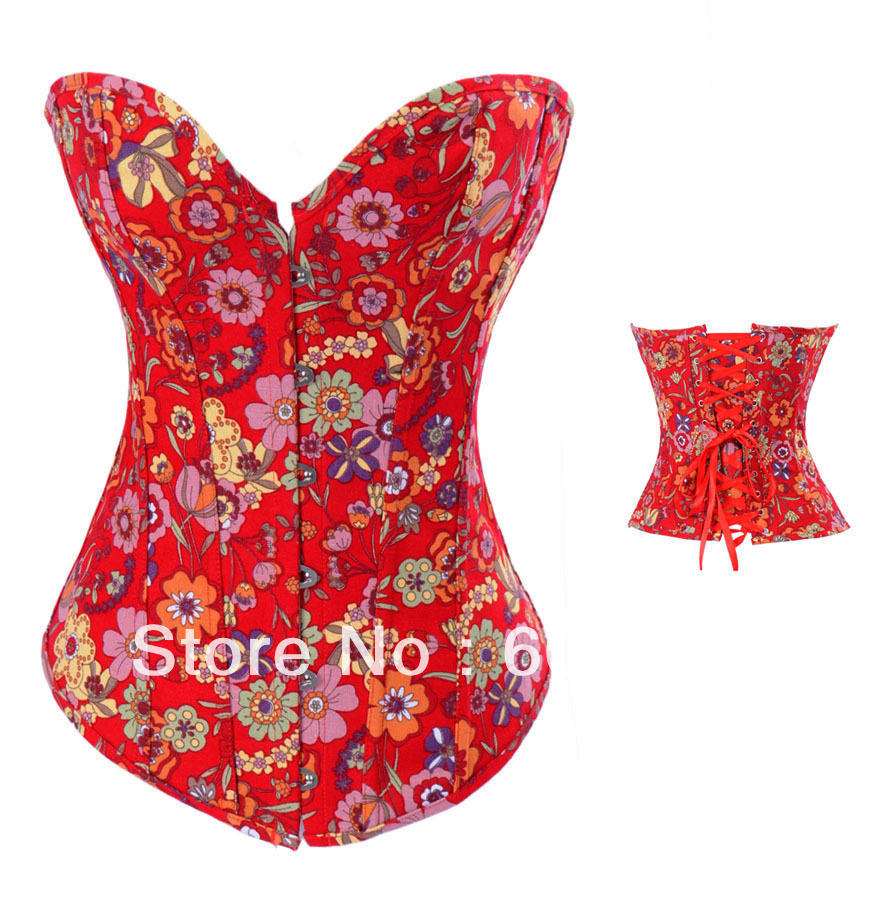 Red floral jeans basque corset busiter lace up boned clubwear bodyshaper S -2XL