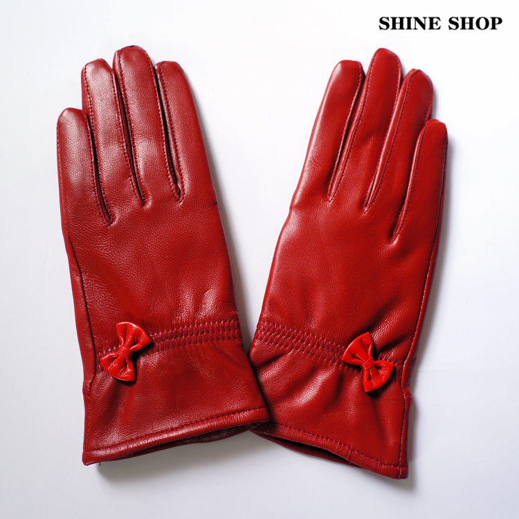 Red genuine leather sheepskin women's gloves thermal plus velvet bow red