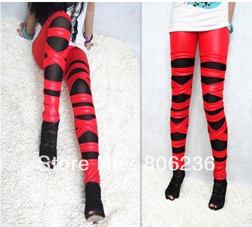 Red Leather Punk Skinny Wrap Pants Leggings    B291