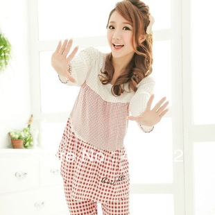 Red or Black Plaid Classic Lady Pajamas Set Long Sleeve Cute Leisure Wear for Women Fancy Cotton Sleepwear P6826 Free Shipping