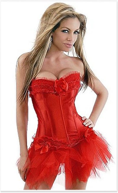 Red overbust corset skirt suits includes bustier + g-string + Tutu dress Free shipping - qm070Red