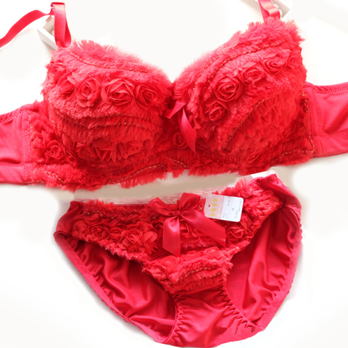 Red plush bra set sexy underwear set winter thickening thermal plus velvet bra