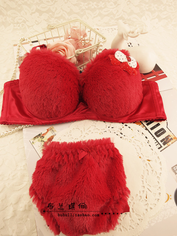 Red . plush underwear 3 breasted bra set push up sexy shaggier underwear set