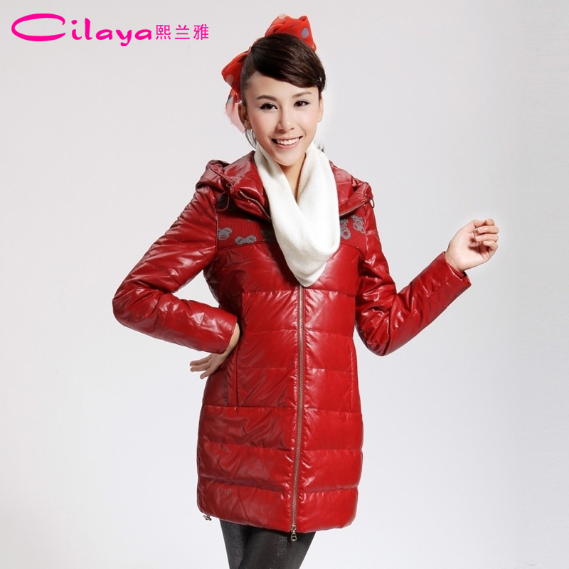 Red PU thin yarn patchwork hooded long design down coat female 11715