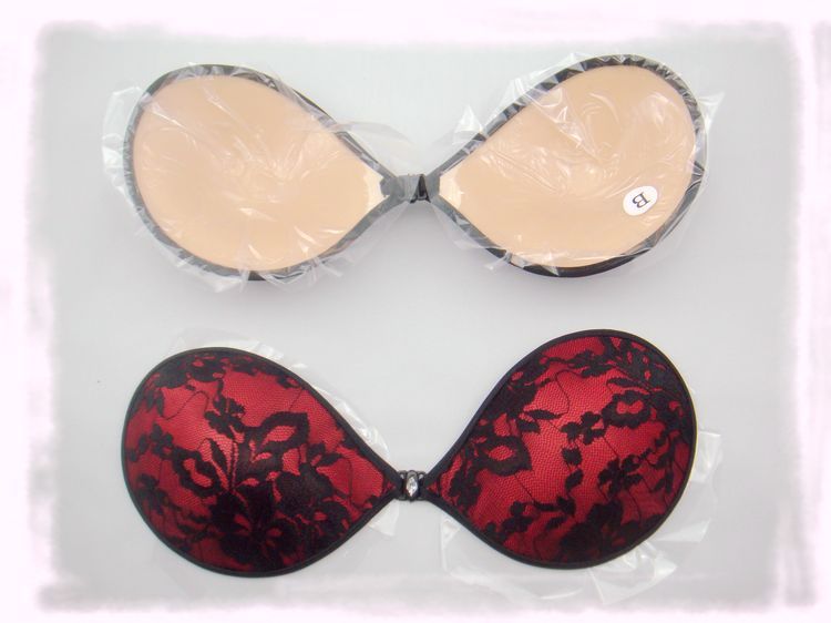 Red push up silicon bra Hot Comfy soft WOMEN strapless Lacy adhesive Bra blak lace