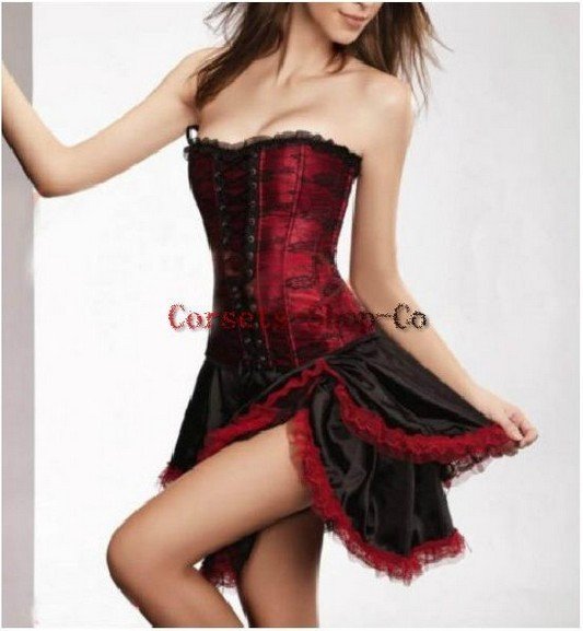 Red Satin Corset Dress Bustier Tiered Skirt Dress Shaper Sets Costume Lingerie