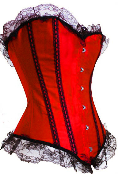 Red satin lace up boned basque corset busiter lingerie with lace trim  clubwear  factoru supplierS-2XL