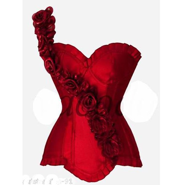 Red  satin single rose shoulder   outwear shaper  Lace up  Corset  Bustier clubwear with padded cup+G-string  S-XXL