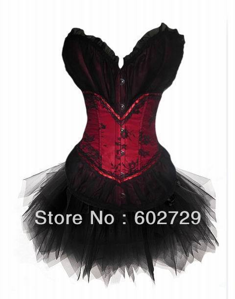 Red satin with black lace overlay boned hook eye front lace up Burlesque corset bustier +Mini Skirt S-2XL