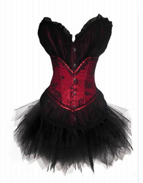 Red satin with black lace overlay boned hook eye front lace up Burlesque corset bustier +Mini Skirt   S-2XL